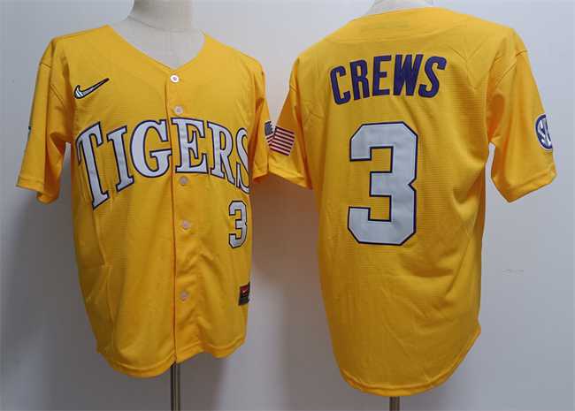 Mens LSU Tigers #3 ylan Crews Gold 2023 Stitched Baseball Jersey Dzhi->lsu tigers->NCAA Jersey